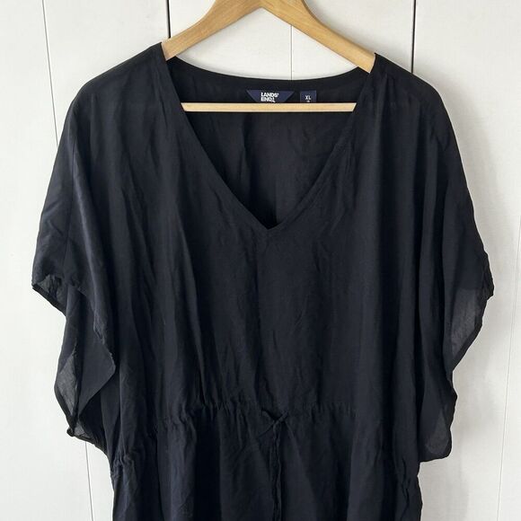 Lands End Top Size XL Cover Up Black V-Neck Tie Waist Modal Coastal Beach Pool - Picture 3 of 8